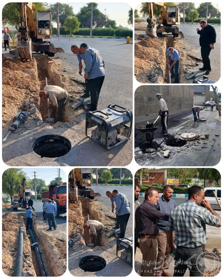 عملیات ضربتی شهرداری منطقه چهار اهواز برای لولهگذاری و لایروبی شبکه دفع آبهای سطحی
