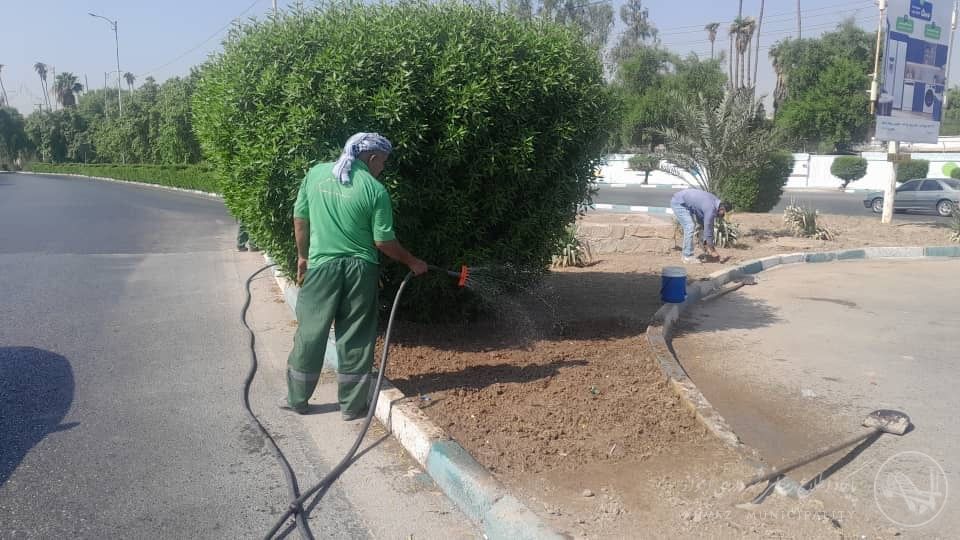 بذرپاشی و آبیاری فضای سبز دوربرگردان بهشت هویزه توسط شهرداری منطقه دو اهواز