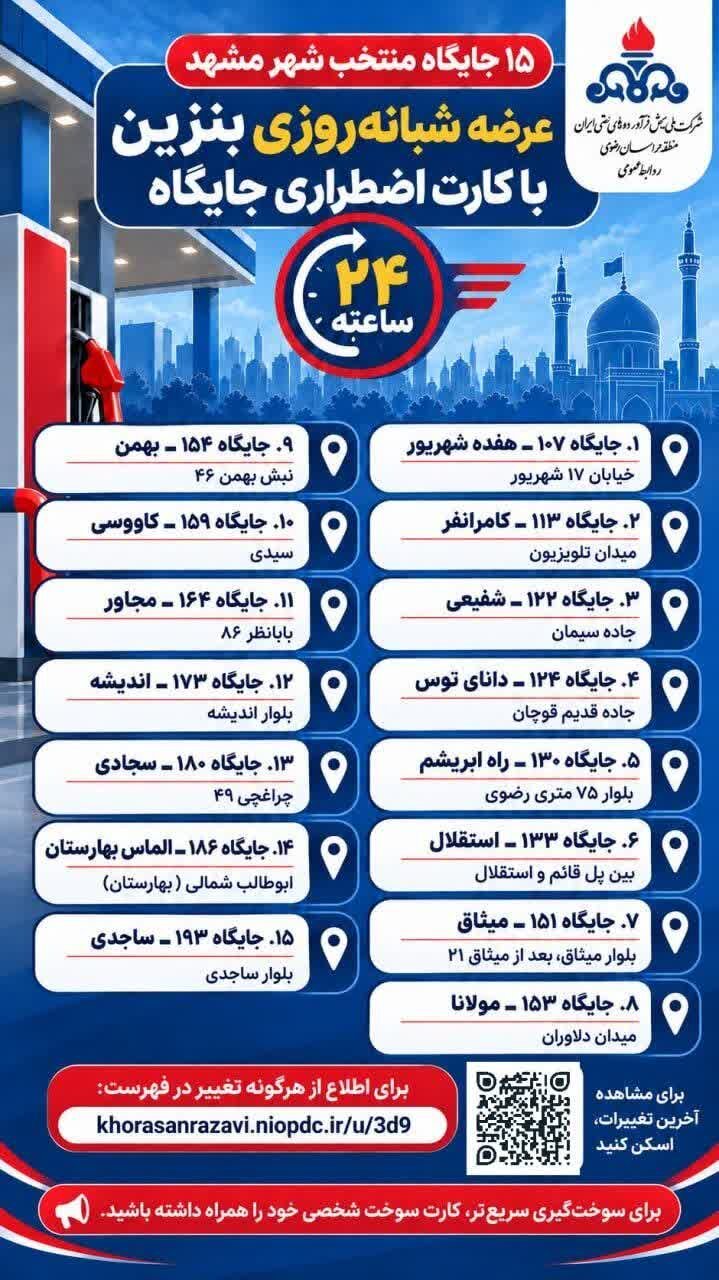 آدرس ۱۵ جایگاه منتخب بنزین آزاد به صورت شبانهروزی در مشهد اعلام شد